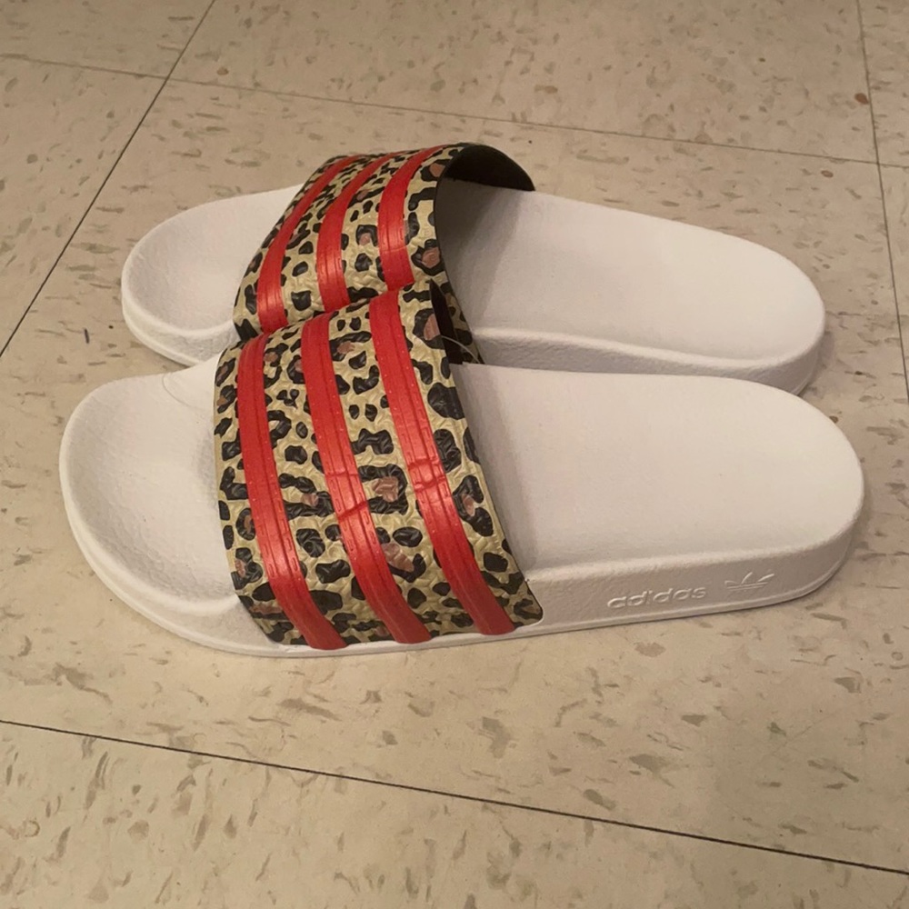 NWT Adidas Adilette Slides - Red/Leopard